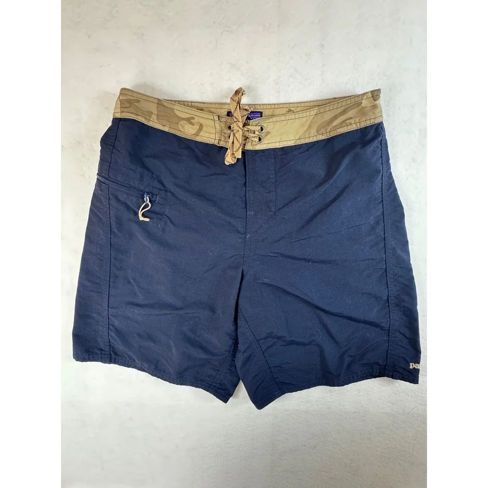 Patagonia Mens‎ Navy Blue Camo Waist Board Shorts Swim Trunks Size 30 Zip Pocket